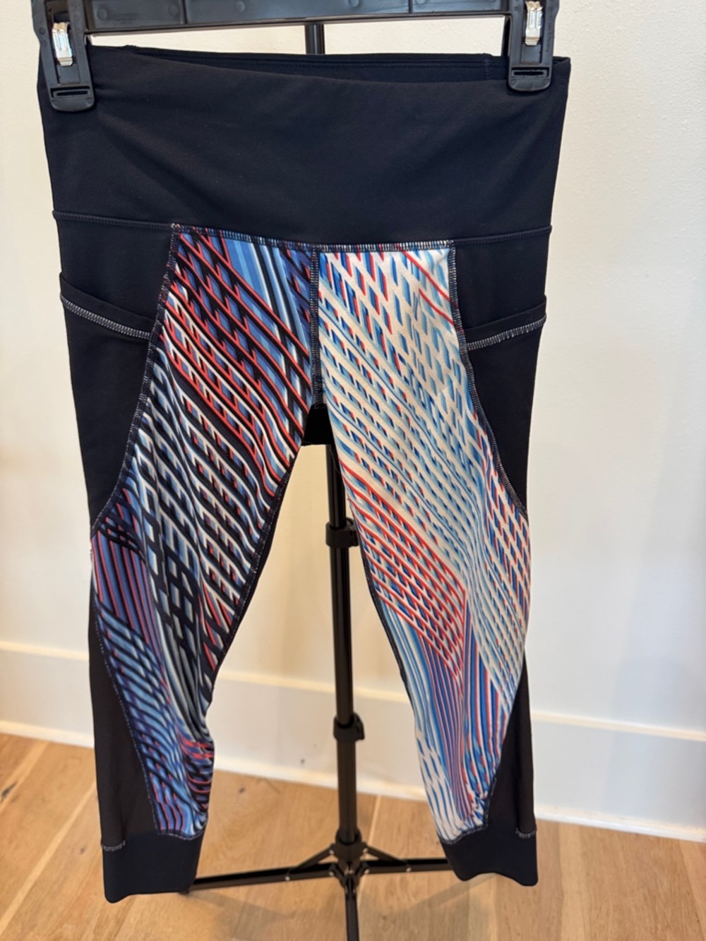 Athleta Black Leggings with Red, Blue & White Geometric Print